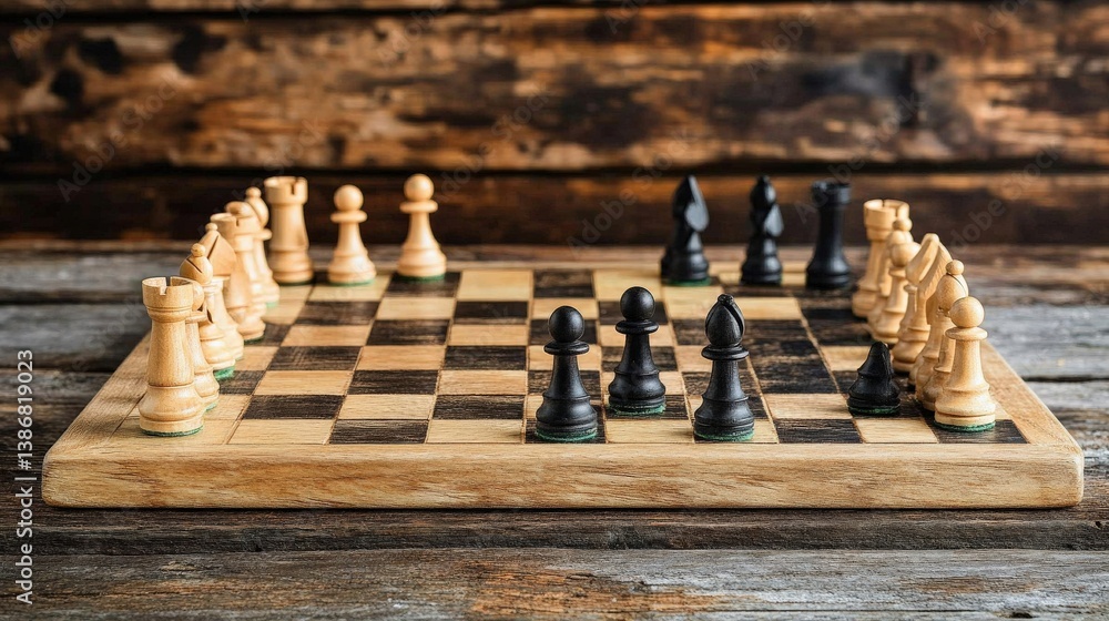 Classic Chess Game with Wooden Pieces on Rustic Table Surface Classic Chess Game with Wooden Pieces on Rustic Table Surface