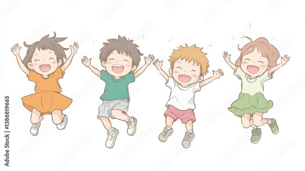Group of children jumping and laughing together on a white background. Simple style illustration. Cute and dreamy colorful cartoon characters with happy expressions. Vector file has clean lines. illu Group of children jumping and laughing together on a white background. Simple style illustration. Cute and dreamy colorful cartoon characters with happy expressions. Vector file has clean lines. illu