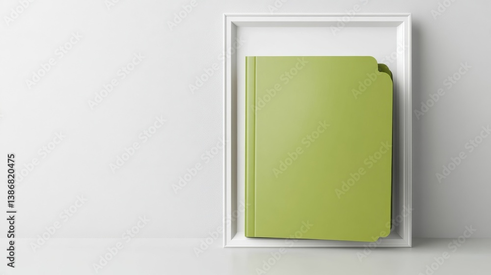 Single green folder placed on a white surface with grey frame, white surface, file holder, paperwork storage, desk organizer, gray frame illustration Single green folder placed on a white surface with grey frame, white surface, file holder, paperwork storage, desk organizer, gray frame illustration