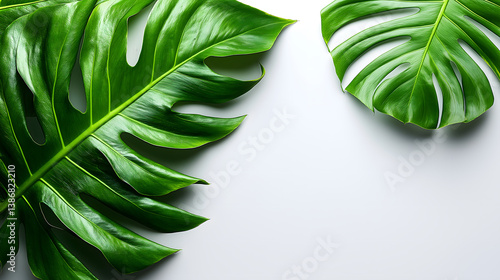 Wallpaper Mural Monstera Leaf Texture: Close-up studio shot featuring a pair of vibrant green monstera leaves, their intricate textures and natural beauty emphasized, providing a fresh, botanical aesthetic. Torontodigital.ca
