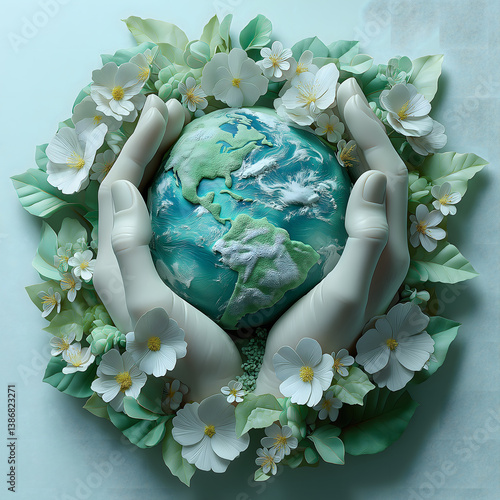 Wallpaper Mural Earth in safe hands: A symbolic representation of environmental protection and conservation, this captivating image features delicate hands cradling a globe, encircled by vibrant flowers and leaves. Torontodigital.ca
