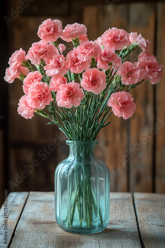 Wallpaper Mural Pink Carnations in Vintage Vase: A beautiful collection of vibrant pink carnations is artistically arranged in a classic turquoise glass vase. Torontodigital.ca
