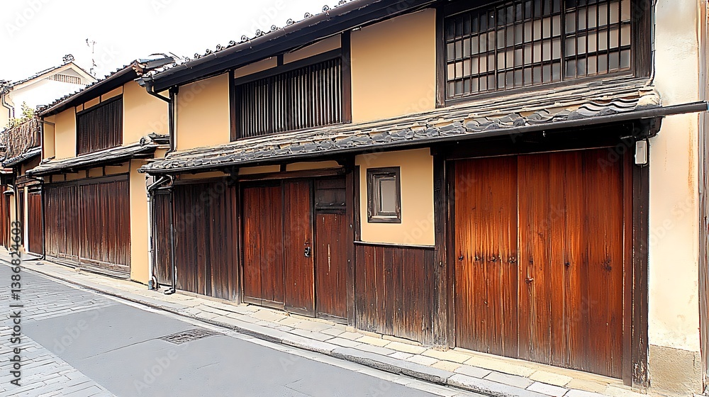 Traditional Japanese architecture displaying wooden buildings along a quiet street Traditional Japanese architecture displaying wooden buildings along a quiet street