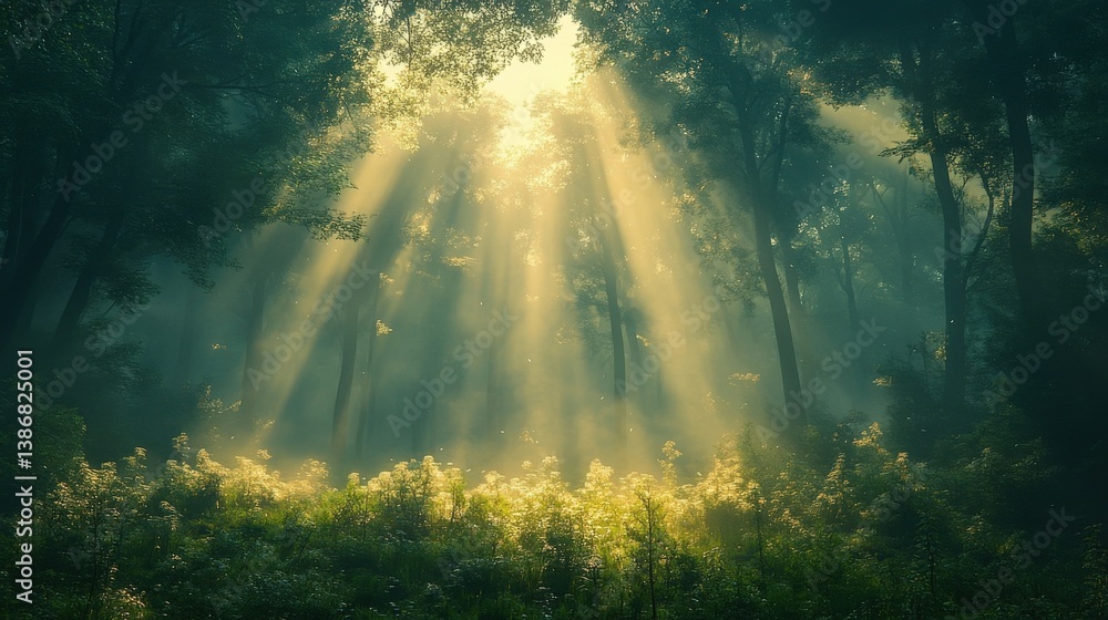 Sunlit Forest Scene With Beaming Sunlight Through Trees and Lush Greenery Sunlit Forest Scene With Beaming Sunlight Through Trees and Lush Greenery