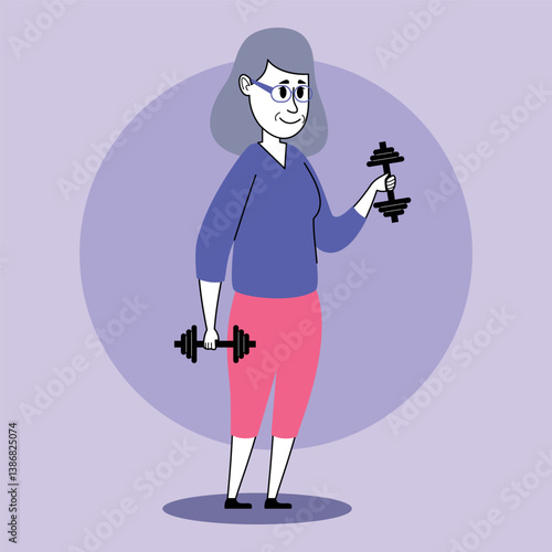 Person with gray hair lifting dumbbells while standing on purple background. Woman wearing a top and pants, highlighting commitment to fitness