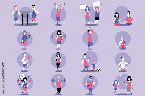 Collection of various fitness activities, featuring individuals engaged in exercises like weightlifting, yoga, and group sports in vibrant illustration style