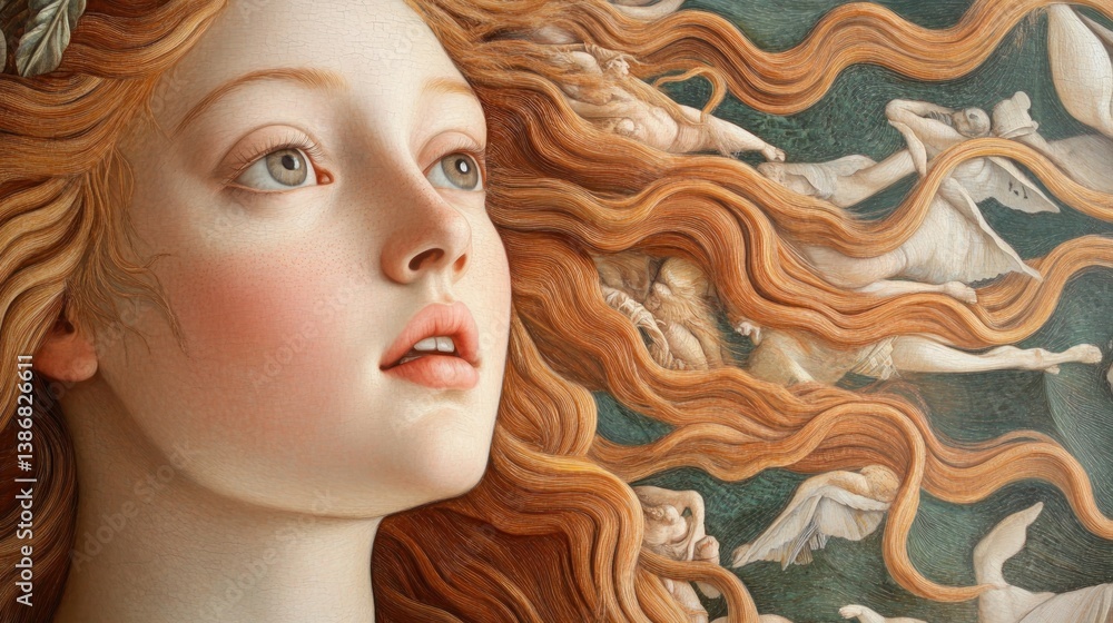 Dreamlike portrait with ethereal beings entwined in flowing auburn hair Dreamlike portrait with ethereal beings entwined in flowing auburn hair