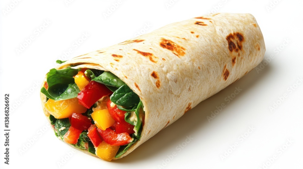 A colorful veggie wrap with hummus, spinach, and peppers. Featuring freshness and health A colorful veggie wrap with hummus, spinach, and peppers. Featuring freshness and health