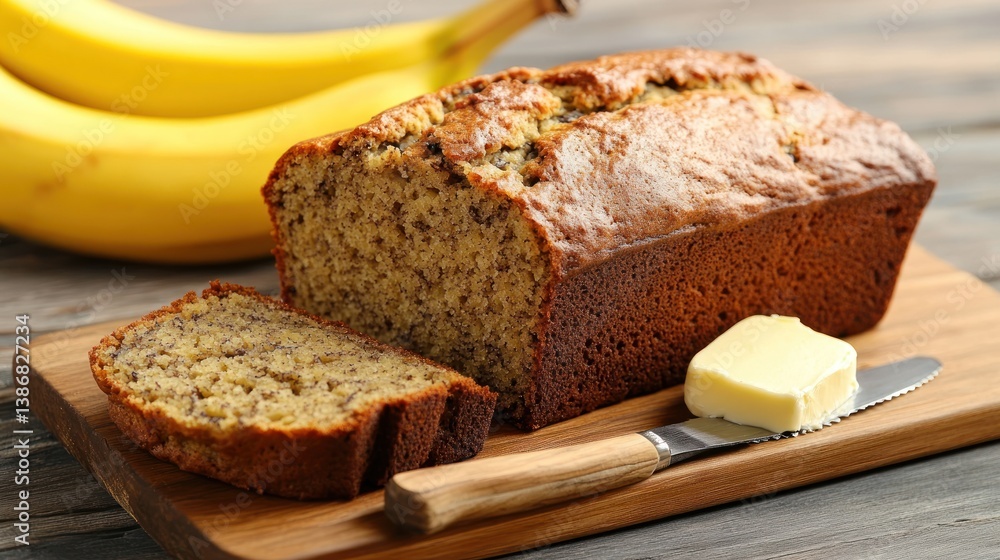 Freshly Baked Banana Bread with Butter on a Wooden Cutting Board Freshly Baked Banana Bread with Butter on a Wooden Cutting Board