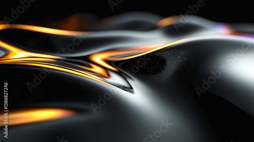 Abstract holographic gold black curved wave fluids flowing on black background,transparent gradient glass or metal flow background for banner wallpaper poster cover design with design