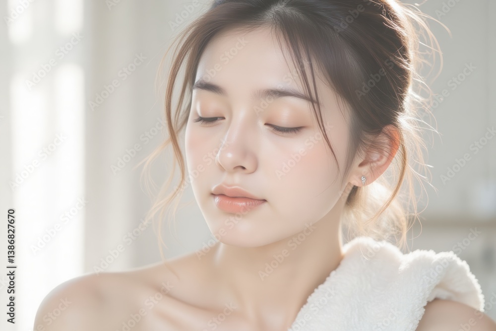 Young Asian Woman with Glowing Skin After Shower, Eyes Closed in Serene Relaxation, Clean Beauty Concept Young Asian Woman with Glowing Skin After Shower, Eyes Closed in Serene Relaxation, Clean Beauty Concept