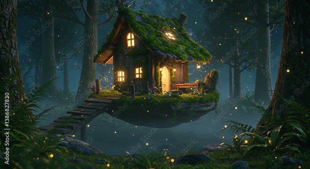 Fototapeta premium Enchanted Forest Cottage: A Nighttime 3D Render AI Generated