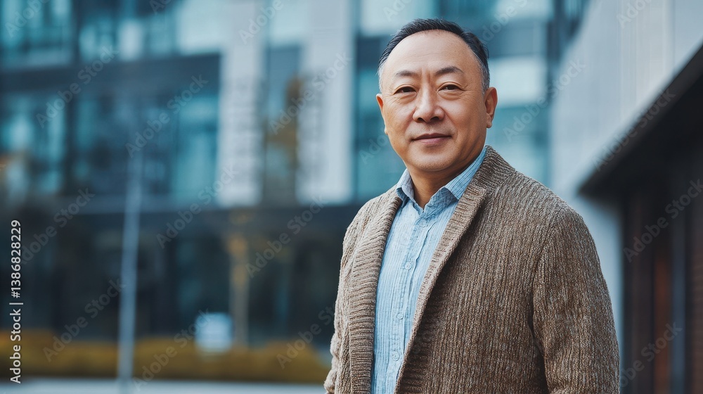 Fototapeta premium Lifestyle portrait photography of a tender Chinese man in his 40s wearing a chic cardigan against a modern architectural background. illustration