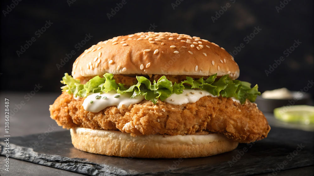 Mouthwatering Crispy Fried Chicken Sandwich with Fresh Lettuce and Sauce Mouthwatering Crispy Fried Chicken Sandwich with Fresh Lettuce and Sauce