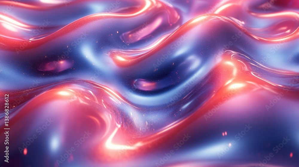 Fototapeta premium Abstract Wavy Metallic Surface in Red and Blue with Light Reflections