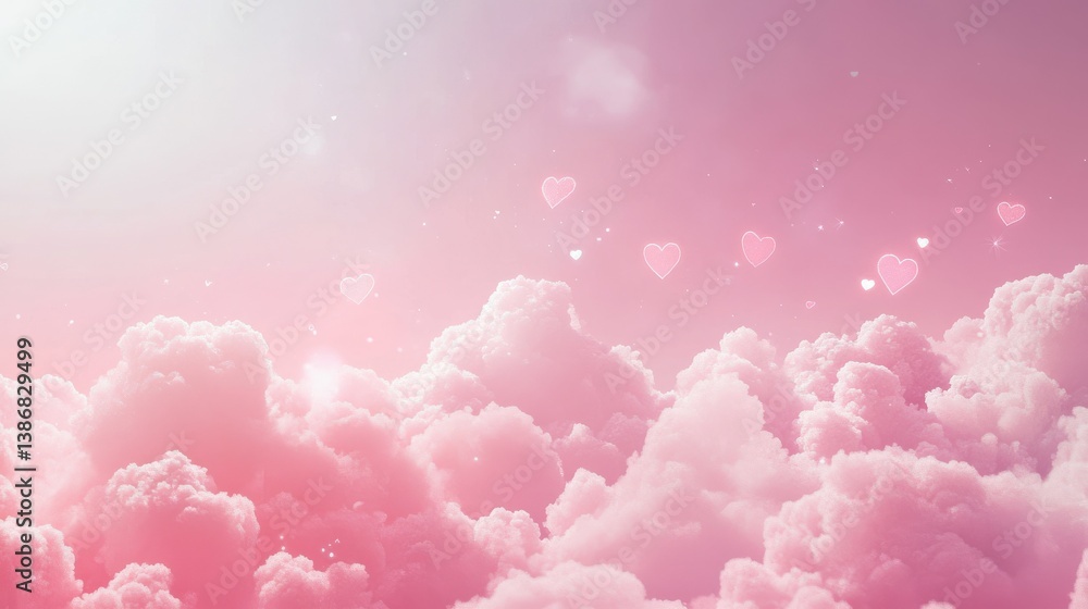 Fototapeta premium Pink background with hearts, clouds and copy space. It's a girl backdrop with empty space for text. Baby shower or birthday invitation, party. Women's Day. Baby girl birth announcement. Generative AI