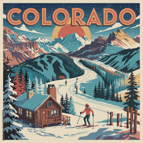 Vintage Colorado Ski Poster with Mountains and Cabin