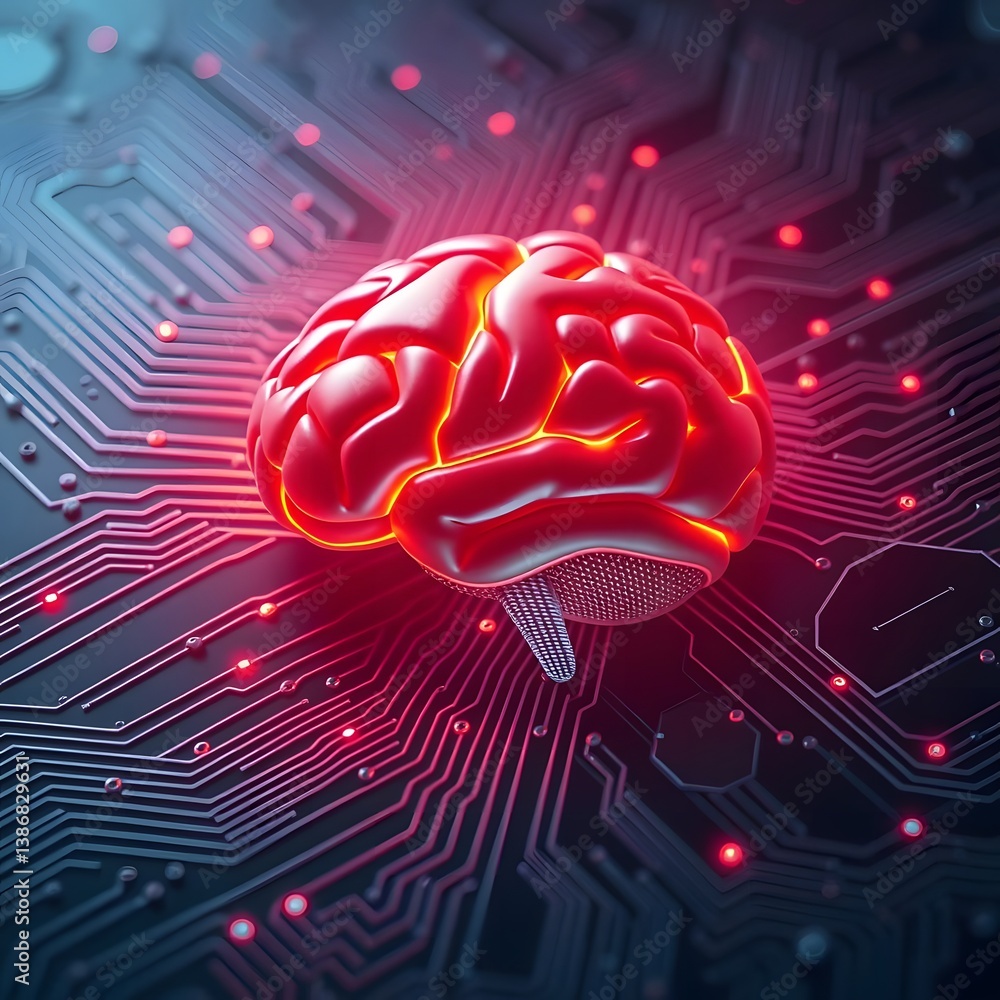 Glowing Red Brain Model Resting on a Circuit Board Representing Artificial Intelligence and Technological Advancement in Neuroscience Glowing Red Brain Model Resting on a Circuit Board Representing Artificial Intelligence and Technological Advancement in Neuroscience
