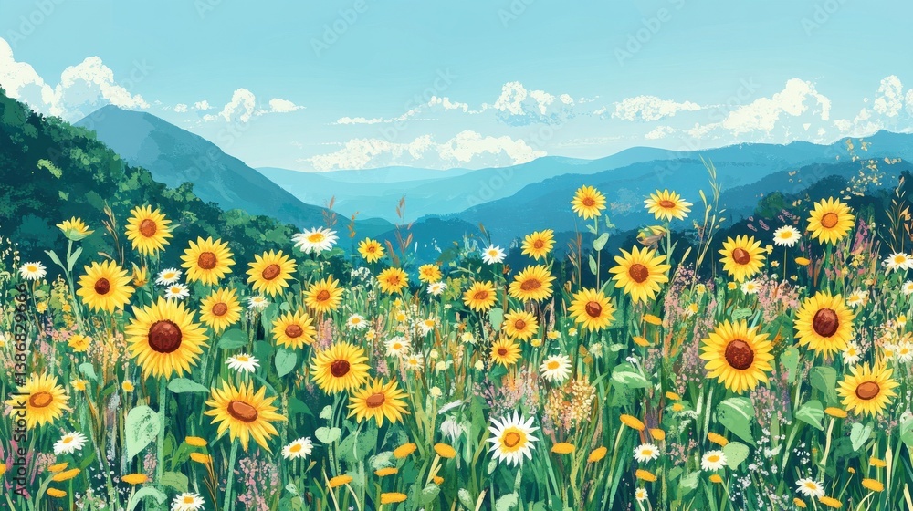 Fototapeta premium Vibrant sunflowers and daisies growing in a mountain meadow in Thailand amidst wild grasses, grasses, meadows illustration
