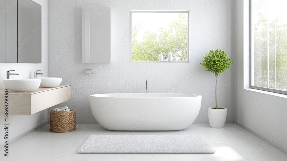 Modern, minimalist bathroom with a bathtub and double vanity. Natural light streams through a large window Modern, minimalist bathroom with a bathtub and double vanity. Natural light streams through a large window