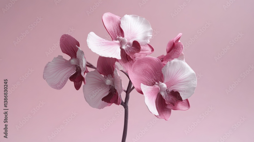 Obraz premium A pink and white orchid, with contrasting petals and subtle accents, isolated on a light lavender background. -