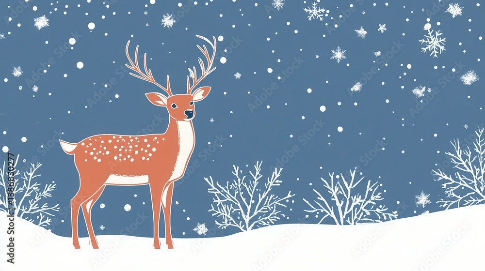 Holiday card design with a Christmas deer in a snowy setting and space for messages. illustration Holiday card design with a Christmas deer in a snowy setting and space for messages. illustration
