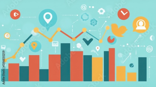 A social media sales growth report showing year-over-year increases in revenue, driven by targeted ads and influencer partnerships. Networked Growth. Illustration illustration
