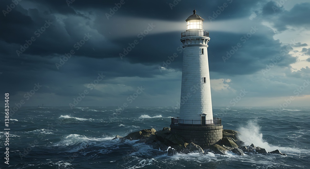 Obraz premium Lighthouse's Beam: Hope Amidst the Storm AI Generated