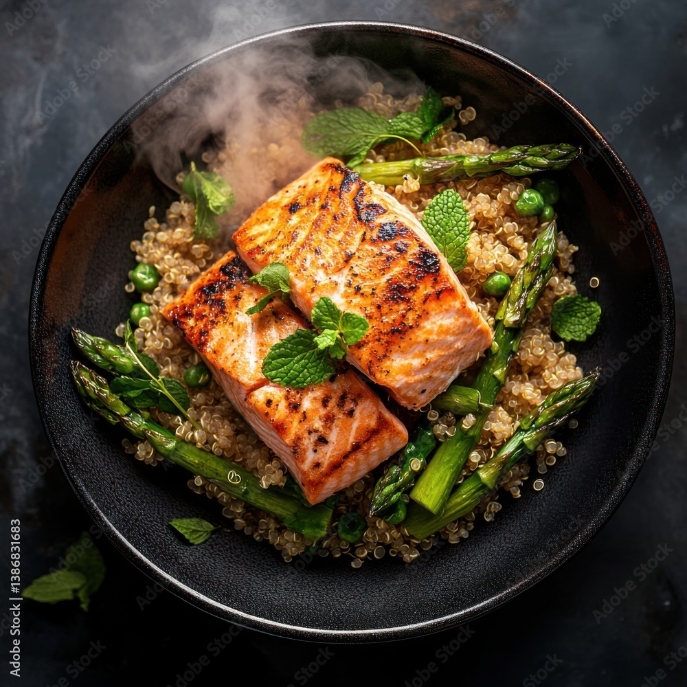 A top view of a plate of grilled salmon with quinoa and steamed asparagus, A top view of a plate of grilled salmon with quinoa and steamed asparagus,