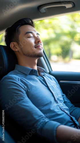 Wallpaper Mural Peaceful passenger, A serene Asian man resting during an automobile journey Torontodigital.ca