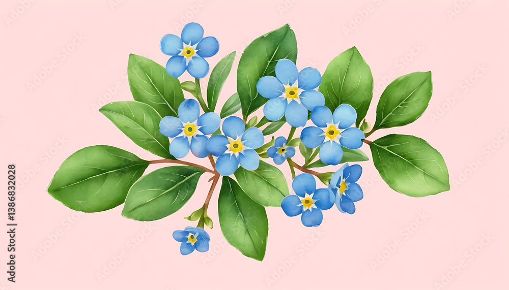 Fototapeta premium Watercolor Forget-me-not Flowers with Green Leaves on Pink Background Illustration
