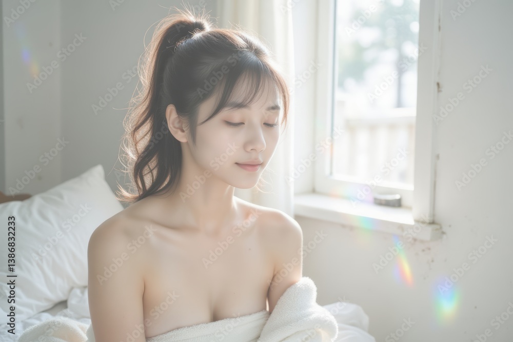 Serene Asian Woman Wrapped in Towel Bathed in Morning Sunlight Near Window Serene Asian Woman Wrapped in Towel Bathed in Morning Sunlight Near Window