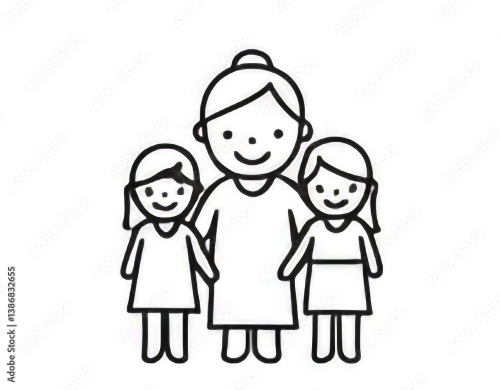 A loving mother embracing her two daughters, a symbol of family unity and unconditional love, depicted in simple line art. A loving mother embracing her two daughters, a symbol of family unity and unconditional love, depicted in simple line art.