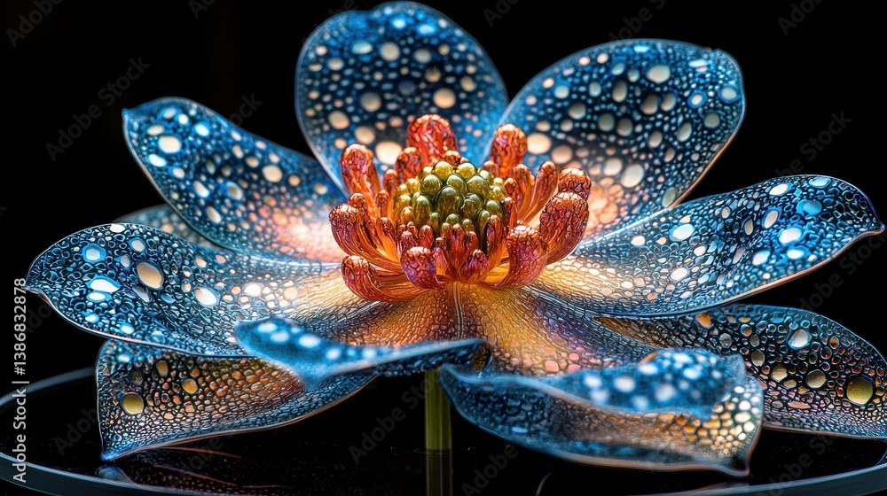 Fototapeta premium A mesmerizing, futuristic flower field, where metallic petals shimmer with holographic colors, an AI-generated vision blending nature and technology in an awe-inspiring symphony of innovation. 