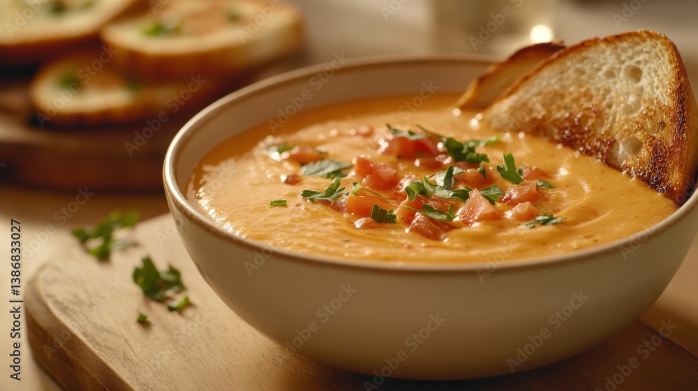 A creamy bowl of tomato bisque with a grilled cheese sandwich. Featuring warmth and comfort A creamy bowl of tomato bisque with a grilled cheese sandwich. Featuring warmth and comfort