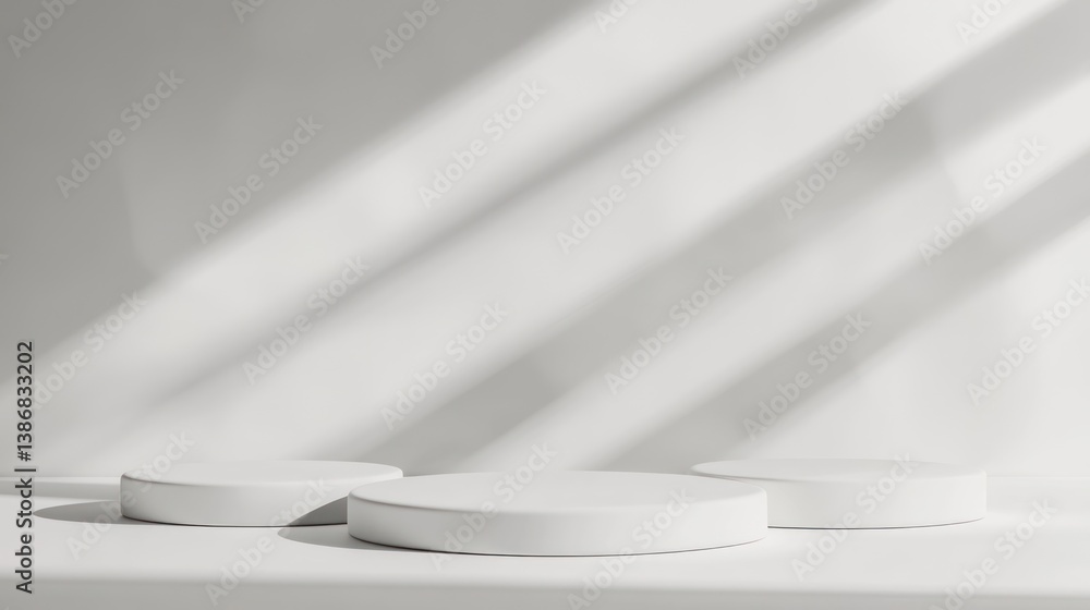 White podiums illuminated by sunlight, studio display, product presentation White podiums illuminated by sunlight, studio display, product presentation