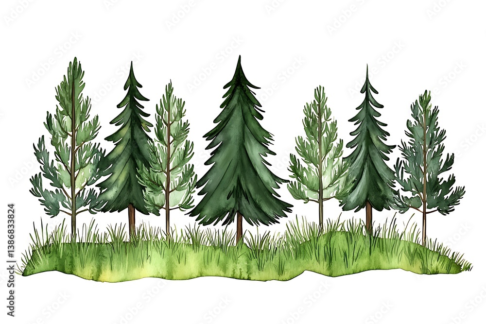 Obraz premium Watercolor Trees with Lush Green Grass on a White Background