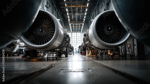 Jet engine overview aircraft hangar photography industrial environment front view high fidelity design