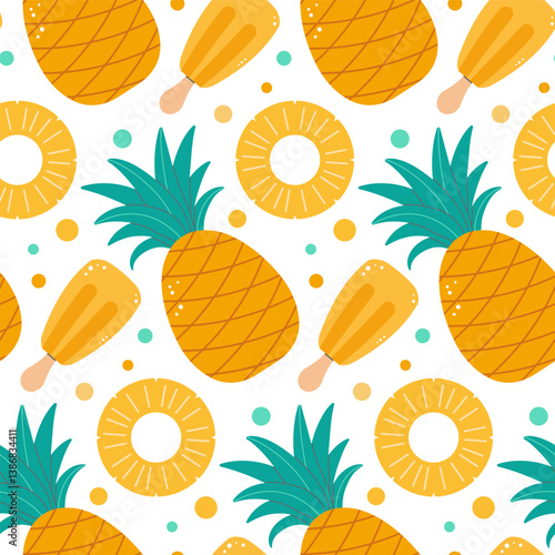 Seamless pattern with pineapples, pineapple slices, ice cream, and colorful dots on a white background. Vector illustration.