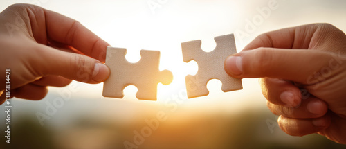 Fototapeta Naklejka Na Ścianę i Meble -  Connecting puzzle pieces symbolizes collaboration and unity, showcasing two hands working together in harmony against warm sunset backdrop