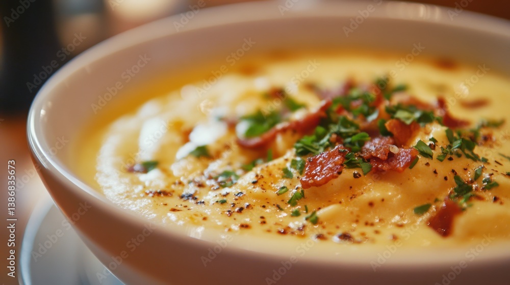 A creamy cauliflower soup with crispy bacon and herbs. Featuring comfort and flavor A creamy cauliflower soup with crispy bacon and herbs. Featuring comfort and flavor