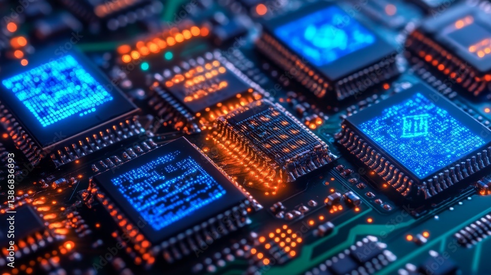 Illuminated circuit board with blue and orange glowing chips. Detailed electronics Illuminated circuit board with blue and orange glowing chips. Detailed electronics