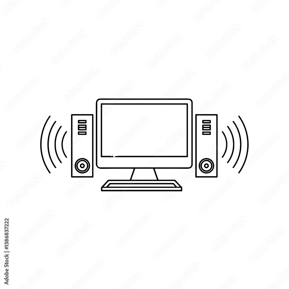 Computer with speakers generating sound waves in a linear style Computer with speakers generating sound waves in a linear style