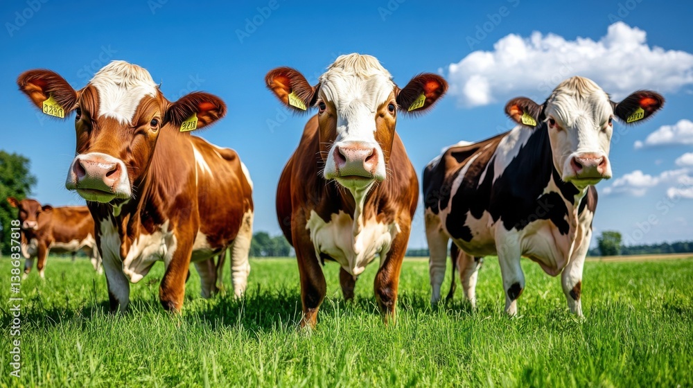 Group of cows relaxing in green field with clear sky, no fences, freedom and organic lifestyle Group of cows relaxing in green field with clear sky, no fences, freedom and organic lifestyle
