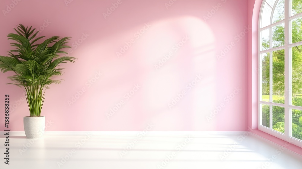 A potted palm plant sits in a minimalist room with a pink wall and arched window. Sunlight streams through the window. The image is digitally rendered, high-quality, and features a calm mood. Soft p A potted palm plant sits in a minimalist room with a pink wall and arched window. Sunlight streams through the window. The image is digitally rendered, high-quality, and features a calm mood. Soft p
