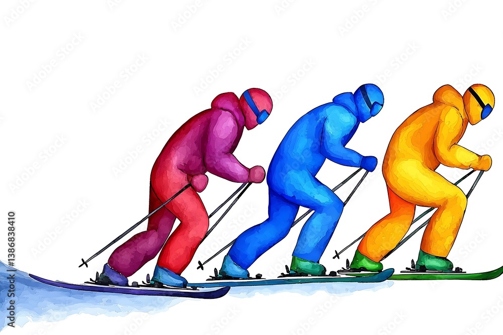 Fototapeta premium Colorful Skiers in Action, Alpine Adventure and Winter Sports Fun