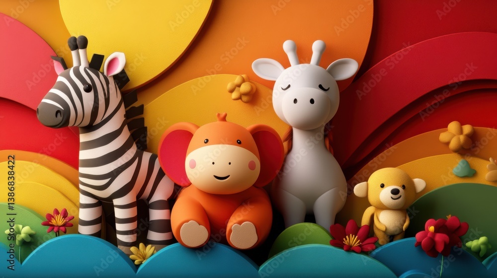 Naklejka premium Happy animals living freely in future sanctuary, colorful and safe environment