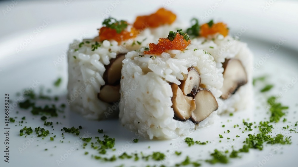 A creamy risotto with mushrooms, Parmesan, and herbs. Featuring richness and flavor A creamy risotto with mushrooms, Parmesan, and herbs. Featuring richness and flavor