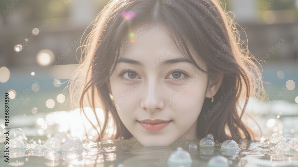 Fototapeta premium Beautiful Asian Woman in Water with Bubbles, Portrait, Serene, Spa, Wellness, Skincare, Beauty, Model, Relaxing, Fresh, Calm