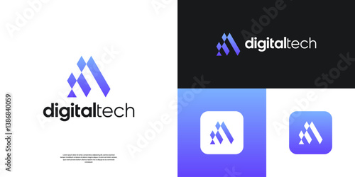Letter A logo design template. Geometric triangle shape with digital tech symbol logos.